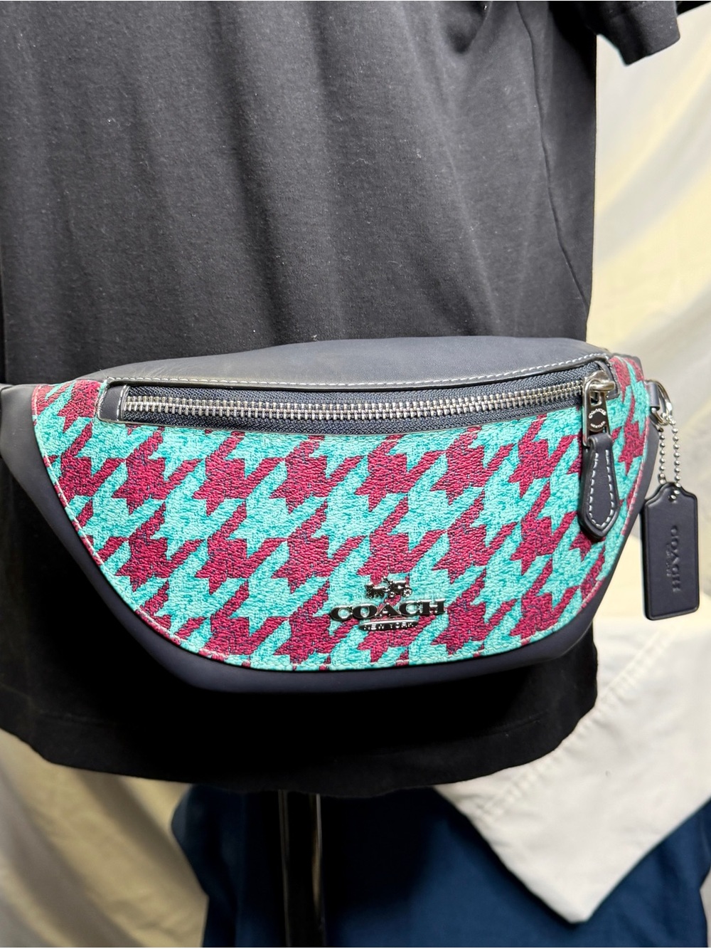 COACH Warren Houndstooth Teal Blue Wine Pink Leather Sling Belt Bag Fanny Pack